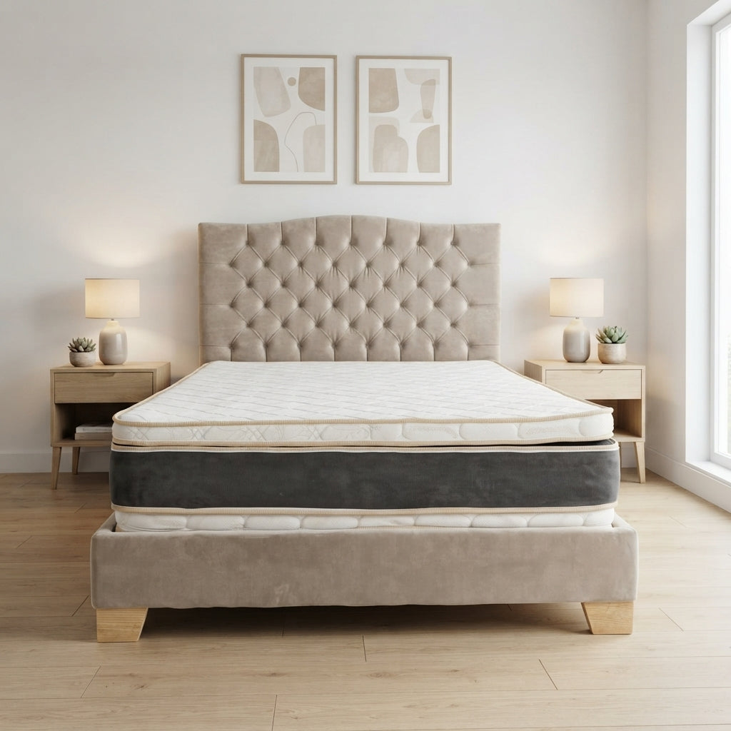 Combo Basecama+Cabecero Capitoneado tela arena+Colchón Cassata Pillow Top Clínico