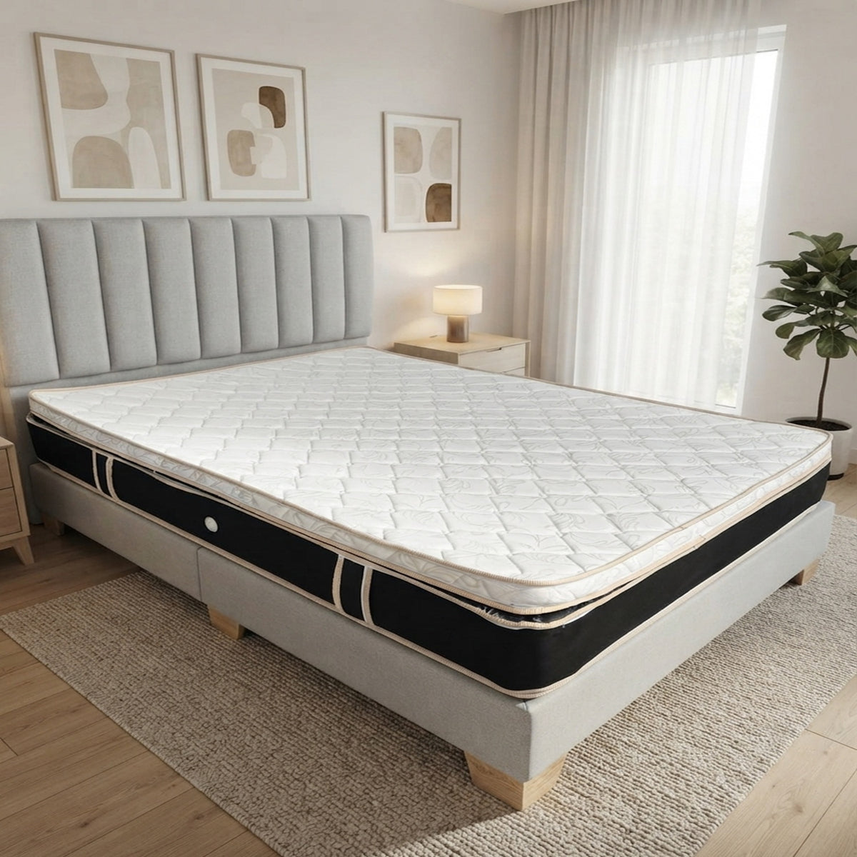 Combo Basecama+Cabecero Monaco Tapizado Tela Gris+Colchon Pillow Top
