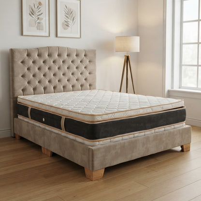 Combo Basecama+Cabecero Capitoneado tela arena+Colchón Cassata Pillow Top Clínico