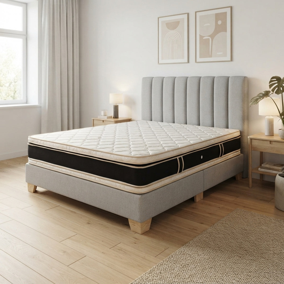 Combo Basecama+Cabecero Monaco Tapizado Tela Gris+Colchon Pillow Top