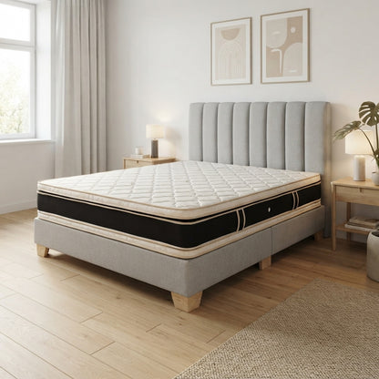 Combo Basecama+Cabecero Monaco Tapizado Tela Gris+Colchon Pillow Top