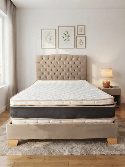 Combo Basecama+Cabecero Capitoneado tela arena+Colchón Cassata Pillow Top Clínico