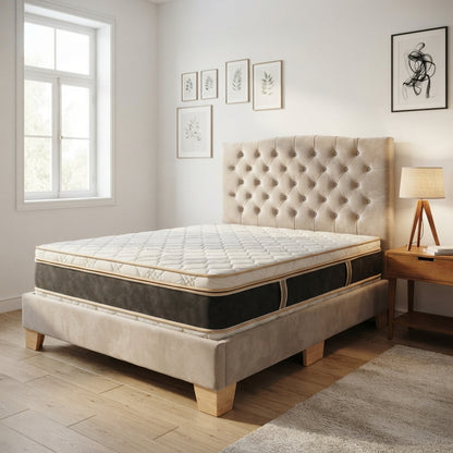 Combo Basecama+Cabecero Capitoneado tela arena+Colchón Cassata Pillow Top Clínico