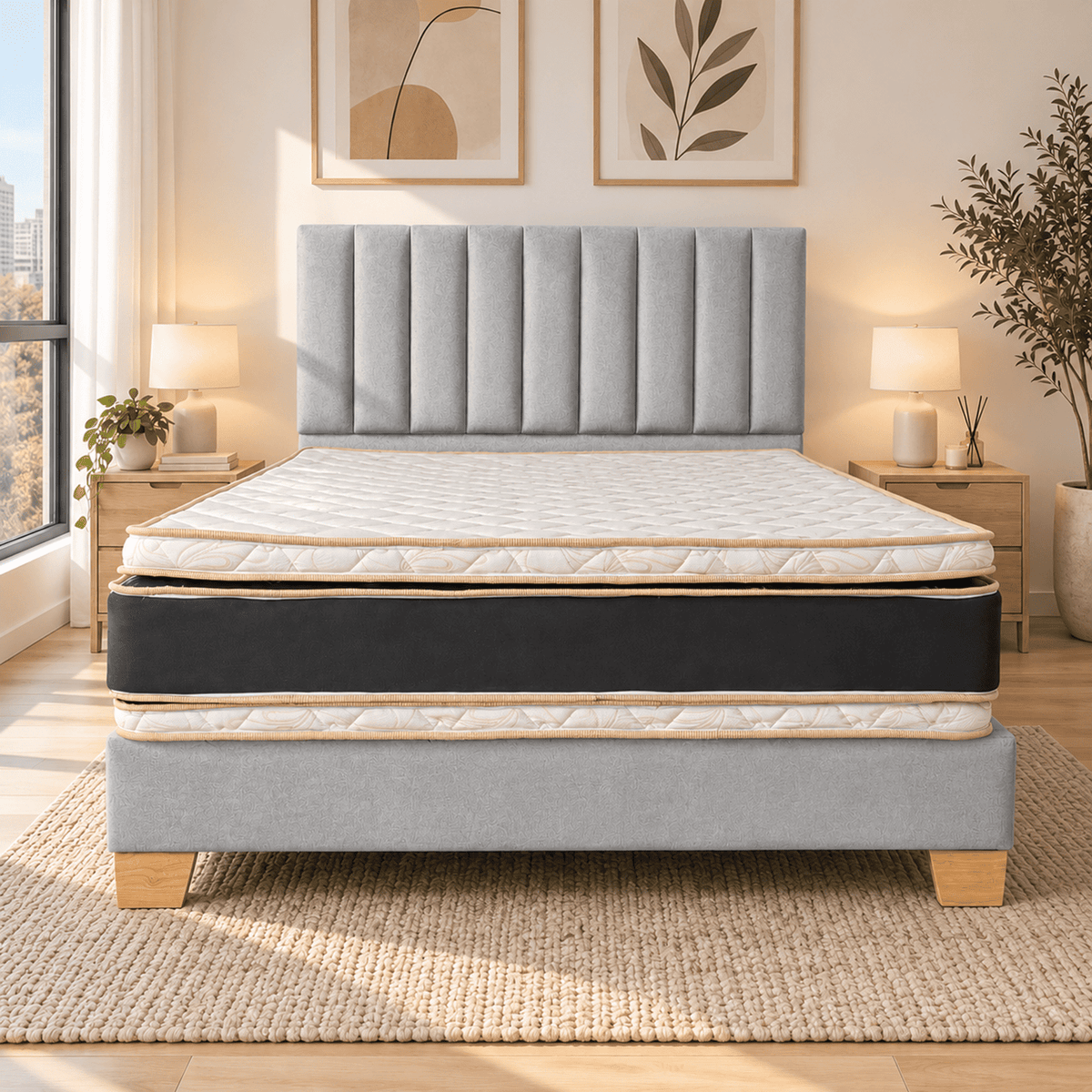 Combo Basecama+Cabecero Monaco Tapizado Tela Gris+Colchon Pillow Top