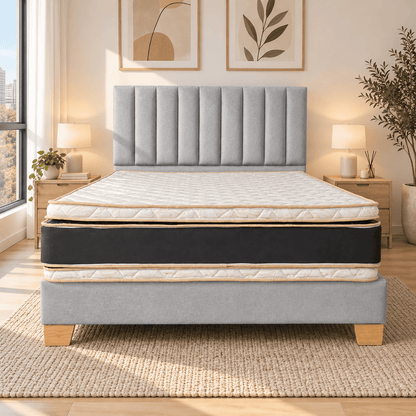 Combo Basecama+Cabecero Monaco Tapizado Tela Gris+Colchon Pillow Top