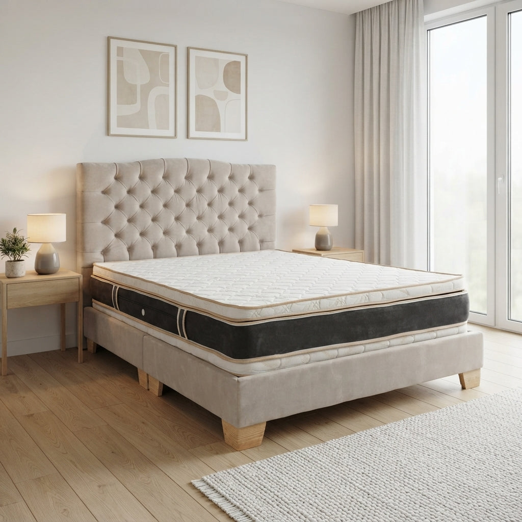 Combo Basecama+Cabecero Capitoneado tela arena+Colchón Cassata Pillow Top Clínico