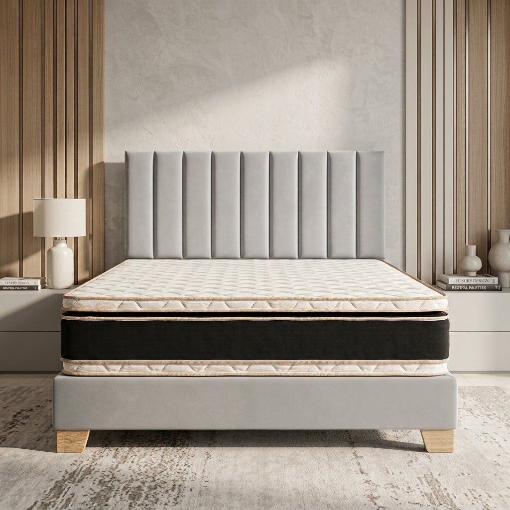 Combo Basecama+Cabecero Monaco Tapizado Tela Gris+Colchon Pillow Top