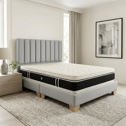 Combo Basecama+Cabecero Monaco Tapizado Tela Gris+Colchon Pillow Top