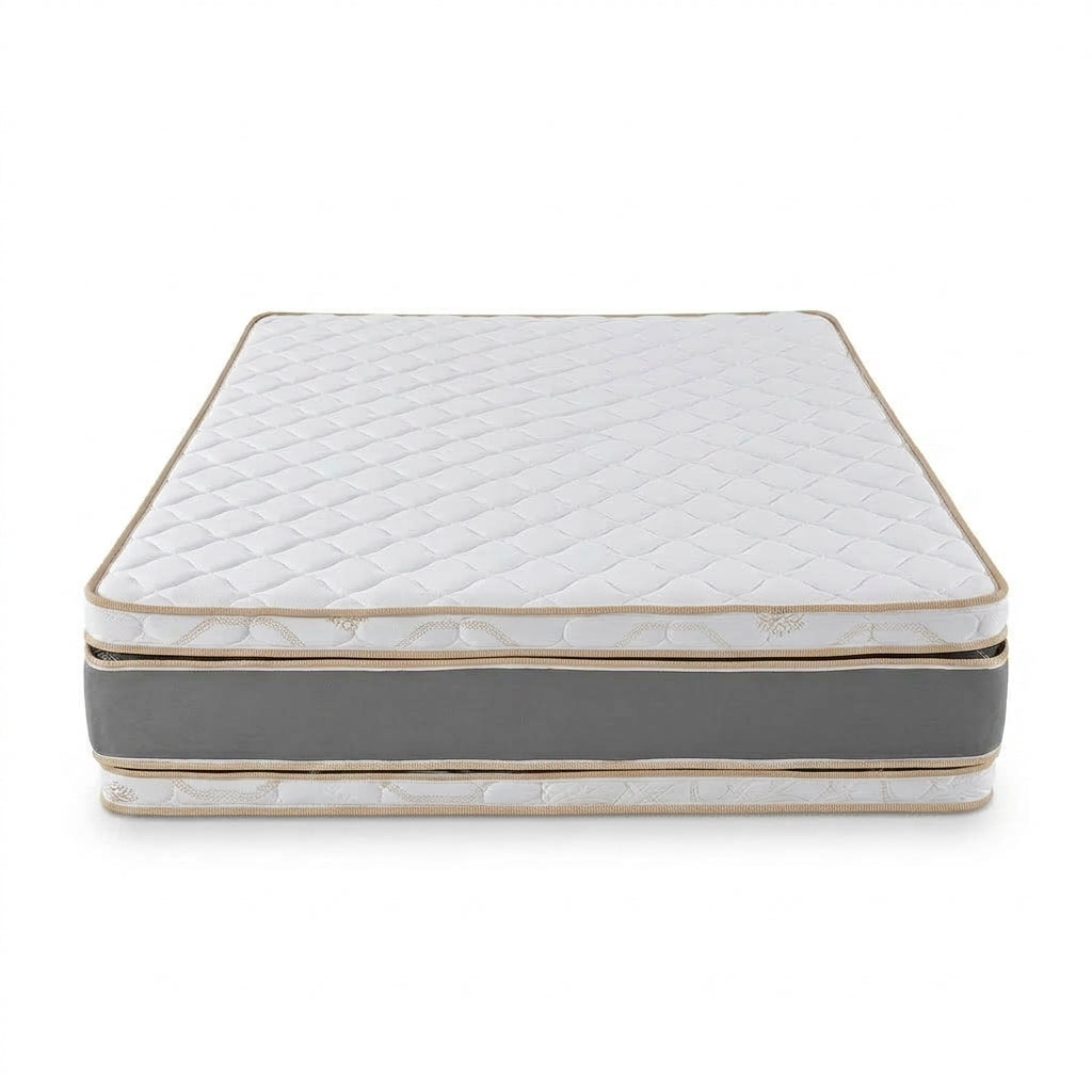 Combo Basecama+Cabecero Capitoneado tela arena+Colchón Cassata Pillow Top Clínico