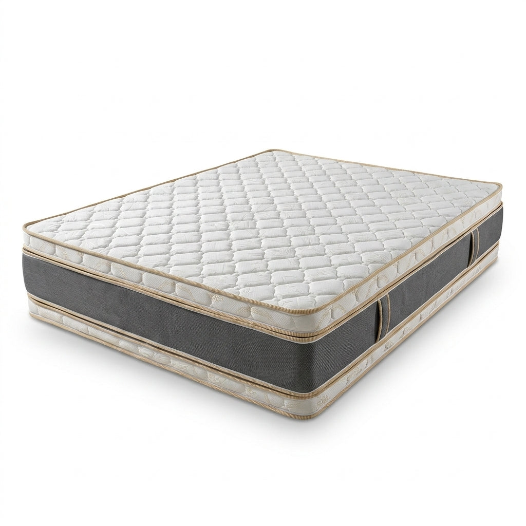 Combo Basecama+Cabecero Capitoneado tela arena+Colchón Cassata Pillow Top Clínico
