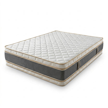 Combo Basecama+Cabecero Capitoneado tela arena+Colchón Cassata Pillow Top Clínico