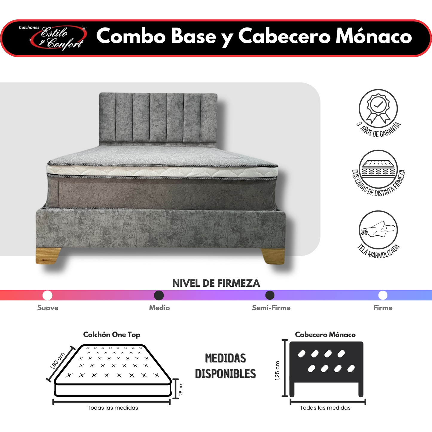 COMBO BASECAMA CON CABECERO MONACO  MAS COLCHON ONETOP  PARA MADERA